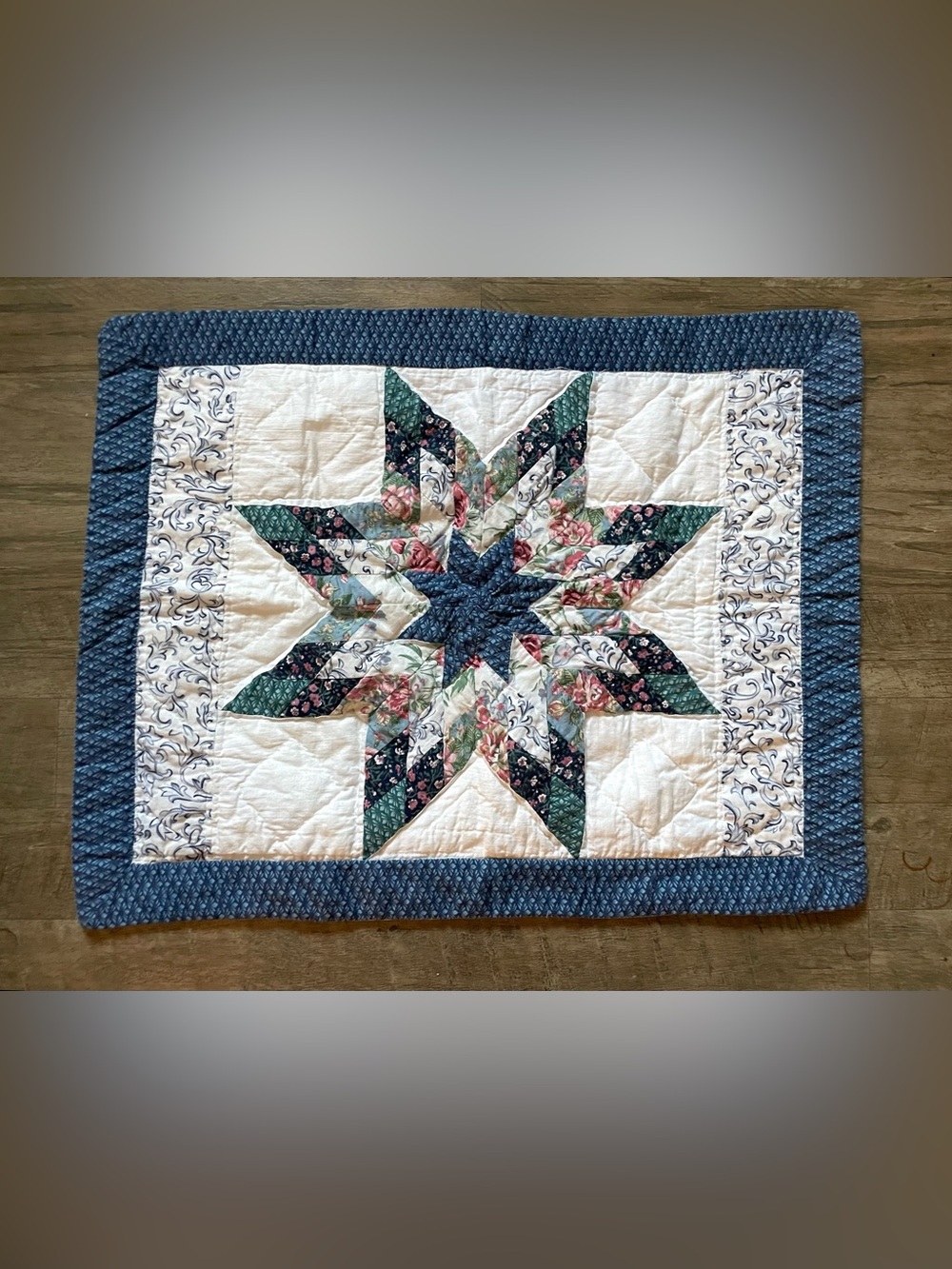 Vintage Quilted Sham Lone 3 Star Blue Cotton Cottagecore Standard Sz